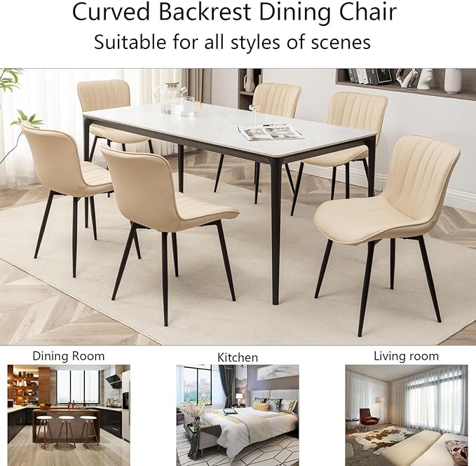 Leather Dining Chairs Set of 6, Upholstered Dining Room Chairs with Metal Legs, Modern Dining Chair for Dining Room, Kitchen (Beige)