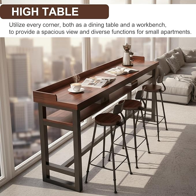 Solid Wood Rectangular Bar Table - Metal Frame Long Sofa Table for Kitchen, Dining Room, Coffee Shop & Home Bar No Chairs Dark Walnut(Single-Layer+Guard) 39.5×11.9×41"