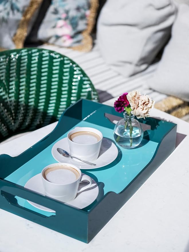Printworks Lacquered Tray - Swell, L – Large Decorative MDF Piece with Handles for Coffee Table, Ottoman, or Vanity Display, 17.13" x 11.22" (Turquoise/Green)