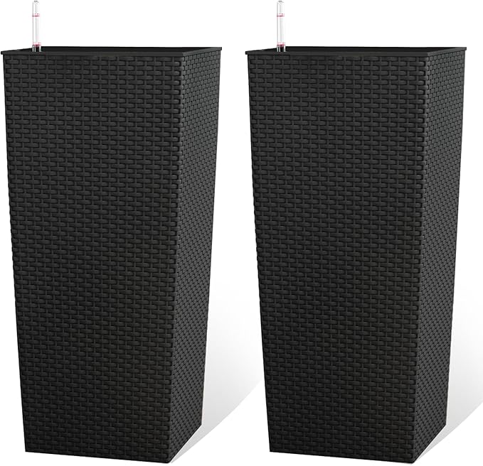 23in Tall Planter Set of 2, Large Self Watering Pots for Indoor/Outdoor Plants with Drain Holes, Water Level Monitor, Inner Bucket for Front Porch Patio, Black Rattan