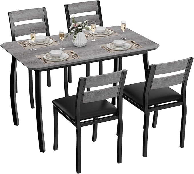 GAOMON 5 Piece Dining Table Set for 4, Space-Saving Kitchen Table with Upholstered Chairs, Modern Angled Corner Design, Compact Dinner Set for Small Spaces, Apartment, Dining Room, Grey