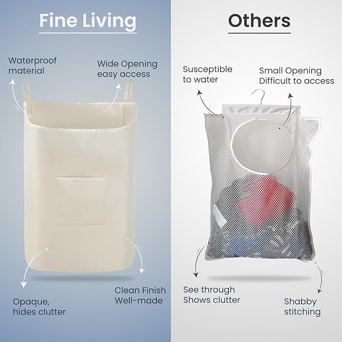 The Fine Living Co. Hanging Laundry Hamper with Over Door Hooks & Adhesive, Durable Space Saving Laundry Bag with Zipper and Wide Open Top, Hanging Dorm Laundry Hamper 18"x4.75"x28" (Beige-L)