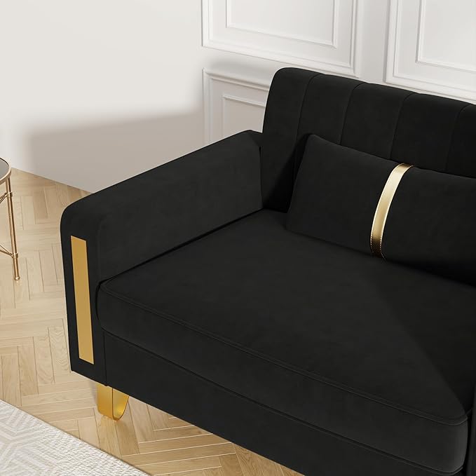 Couch 85.62" 3 Seats Sectional Velvet Fabric Sofa Easy Assemble Sofa Bed with 2 Couch Pillows,Gold Metal Legs for Living Room (P17, Black(3+1))