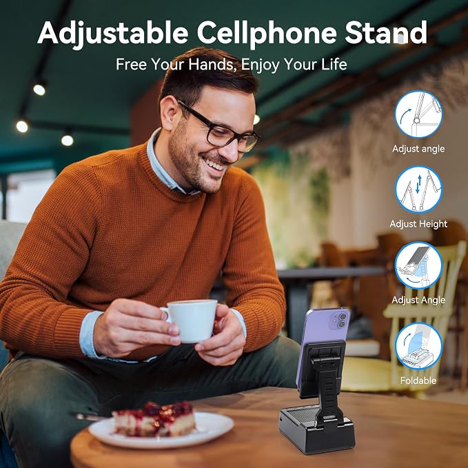 Birthday Gifts for Women Men 7 in 1 Multi-Function Phone Stand with Bluetooth Speaker Portable Charger Alarm Clock LED Light USB Playback Hands-Free Calling (Black)