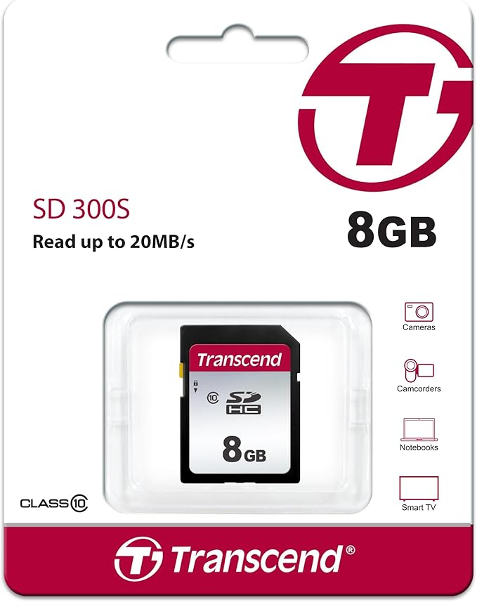 Transcend 8GB SDHC C10 Memory Card, Up to 20MB/s Read Speed, Full HD Video Recording & Photo Storage, Compatible with Canon, Nikon, Sony, Panasonic Cameras, Free Data Recovery Software (TS8GSDC300S)