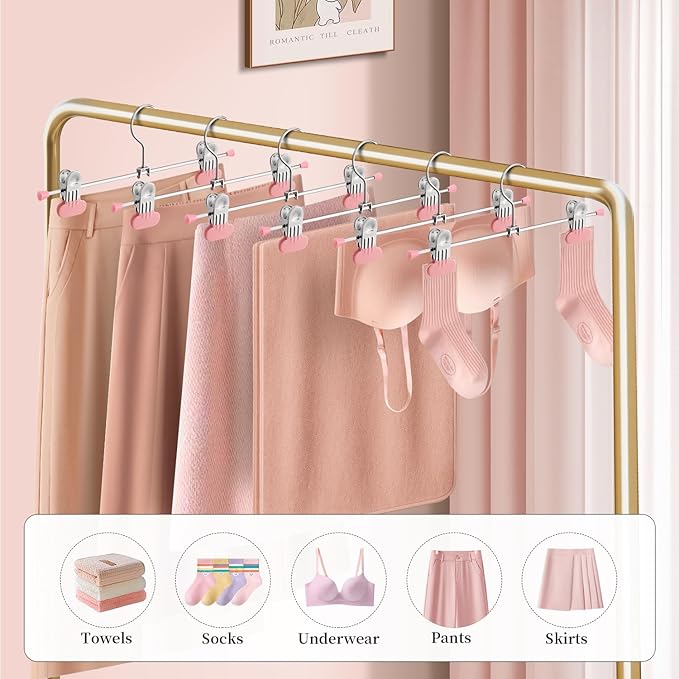 14Inch Pants Hangers with Wide Clips 50 Pack Adjustable Skirt Hangers for Women Non-Slip Clothes Hanger for Pants Heavy Duty Space Saving Trousers Hanger for Jeans,Shorts Pink
