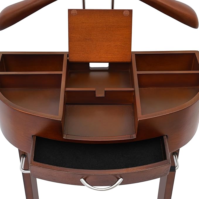 Suit Valet Stand Wood Valet Stand for Man, Wooden Clothing Valet Stand with Contour Hanger, Tray, Trouser Bar, Tie Bar and Base, Mens Valet Stand for Entryway Office Living Room (Brown)