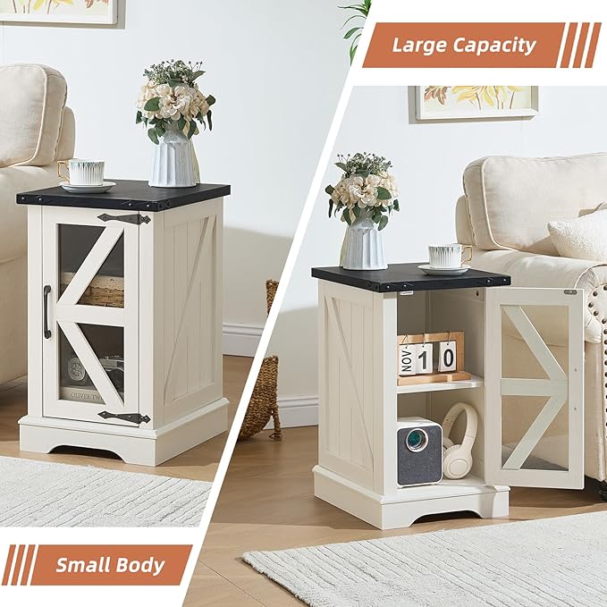 Farmhouse Coffee Table Sets 2 Pieces, Narrow Night Stand with Glass Barn Door Storage, Large Coffee Tables with Hidden Storage Organizer, Wood Furniture Sets for Living Room, Office, White