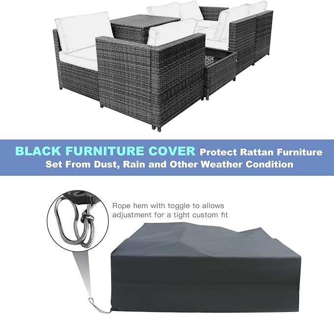 HAPPYGRILL 8 Piece Patio Furniture Set Outdoor PE Rattan Conversation Set with Storage Box, Sectional Wicker Sofa Set with Coffee Table and Cushions for Garden Backyard