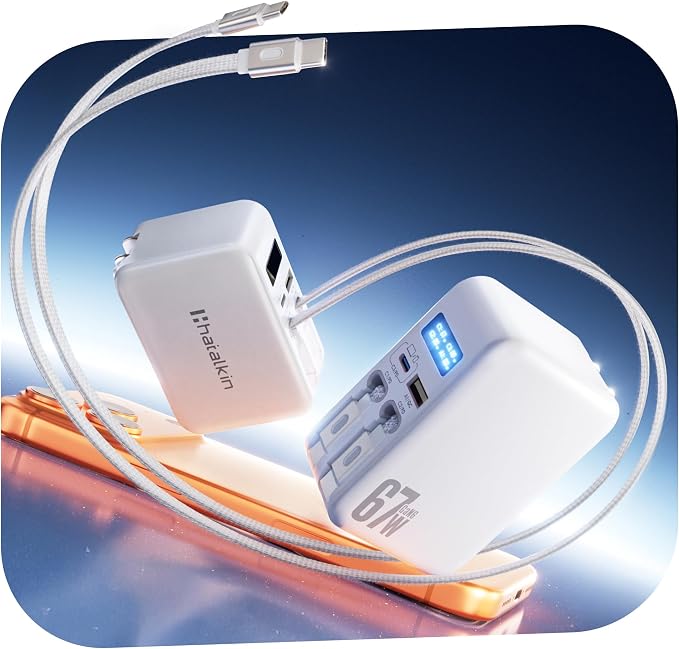 HATALKIN 67W Retractable Wall Charger 4-in-1 with USB-C & for Apple Cable | Smart Display ChargerFast ChargingRetractable ChargerFoldable PlugMulti-DeviceTravel UseFor Mac/iPhone/Samsung L