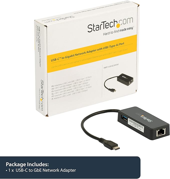 StarTech.com USB-C to Ethernet Gigabit Adapter - Thunderbolt 3 Compatible - USB Type C Network Adapter - USB C Ethernet Adapter (US1GC301AU)