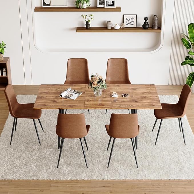 59"-75" Wood Extendable Dining Table for 6–8, Farmhouse Rectangular Dining Room Table with Black Metal Legs, Rustic Wood Grain MDF Top, Modern Space-Saving Dinner Table for Kitchen or Apartment