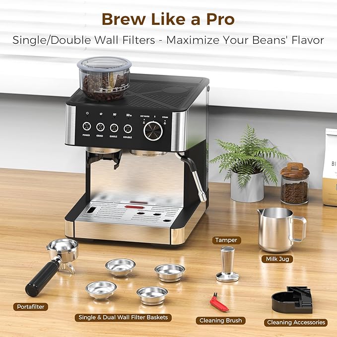 COWSAR 20 Bar Espresso Machine with Grinder & Milk Frother-Black