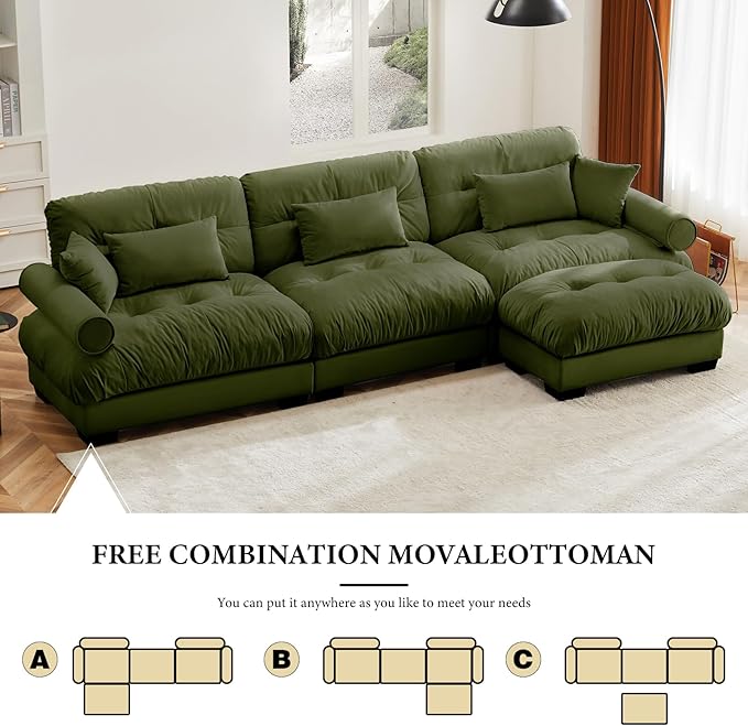 130"Oversized Couch, 3 Seater Modular Sectional Sofa, Olive Green Large L Shaped Sectional Couches for Living Room, Fluffy Couch Set, 3 Seater, Velvet Cloud Couches with Ottoman, Sofas for Living Room