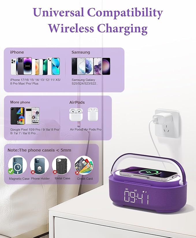 COLSUR Bluetooth Speaker Alarm Clock with Wireless Charger, FM Radio, Adjustable LED Night Light, 6 in 1 Bedroom Portable Speaker 2500mAh, Phone Stand for Bedside, Home, Office, Gift (Purple)