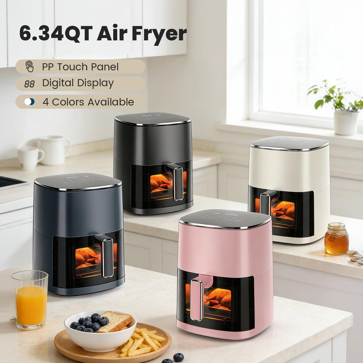 Sweetcrispy Air Fryer 6QT with Window, Square Airfryer Oven 12-in-1 for Family, 400°F Rapid Air Crispy Technology, Roast Bake Dehydrate, Nonstick & Easy-Clean Basket,Grey