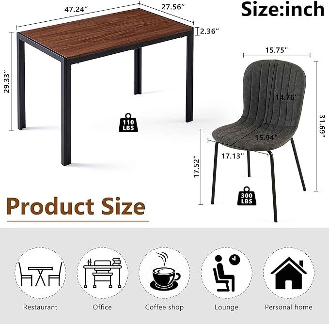 Dining Room Table Set for 4, 47" Rectangle Walnut Color Dining Table with Thick MDF Tabletop, Dark Grey Kitchen Chairs Upholstered Accent Chairs for Small Spaces