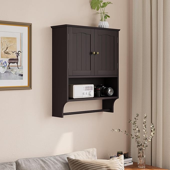 Smuxee Brown Wall Cabinet with Towel Bar - Medicine Cabinet with Adjustable Shelves, Over Toilet Cabinet for Laundry Room Kitchen