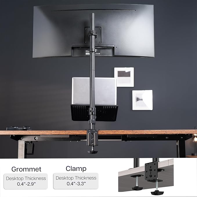 VIVO Extra Tall Desk Mount for up to 49 inch Ultrawide and Tray for up to 17 inch Laptop, Clamp-on Adjustable Stand Holds 44 lb Screens, VESA up to 100x100, Black, STAND-V012C