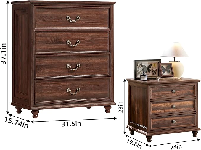24" Wide Farmhouse Nightstand Set of 2, 54" 7 Drawers Dresser, 37" Tall Rustic Chests of Drawers w/ 4 Solid Wood Feet, Farmhouse Furniture Series for Living Room,Bedroom,Brown