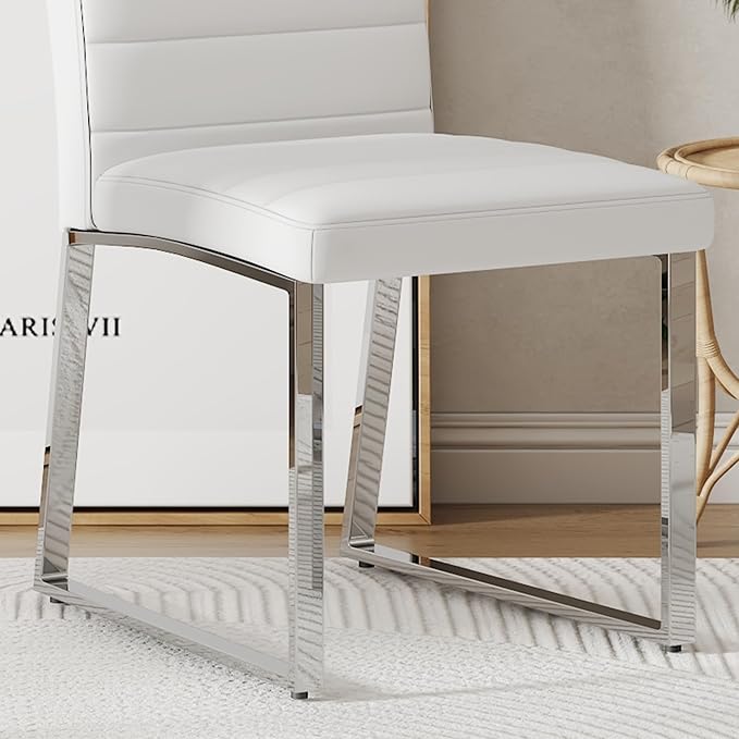 Modern Dining Chairs Set of 4, White Faux Leather Kitchen Chairs, Upholstered Armless Dining Room Chair with Gold Mental Legs Heavy Duty, Comfortable (White Chairs, Set of 2)