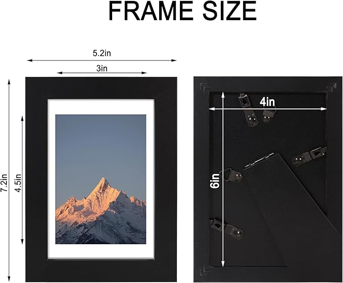 4x6 Picture Frame Set of 4, High Definition Real Glass, Display Pictures 3.5x5 with Mat or 4x6 Without Mat, Gallery Wall Hanging or Tabletop Photo Frames, Black