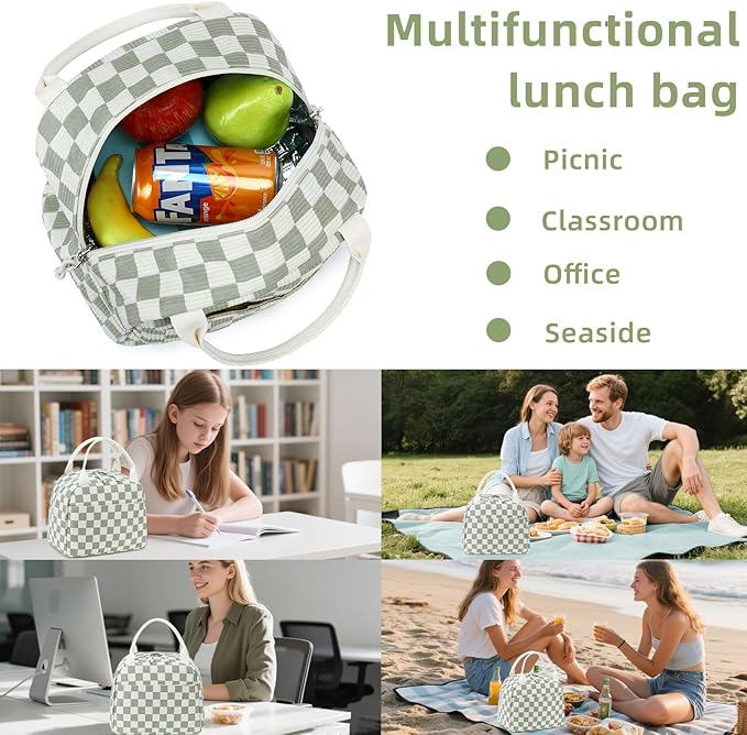 LEDAOU Lunch Box for Women Insulated Lunch Bag Corduroy Lunch Tote Bags Leakproof Cooler Lunch Case for Travel Work Picnic (Checked)