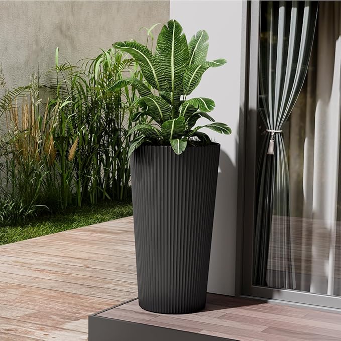 23.6" Tall Planters for Outdoor Plants,Large Outdoor Planters for Front Porch Decor with Drainage Hole, Flower Pots Fits Indoor Plants Patio/Garden, Plastic Striped Black (2 Pack)