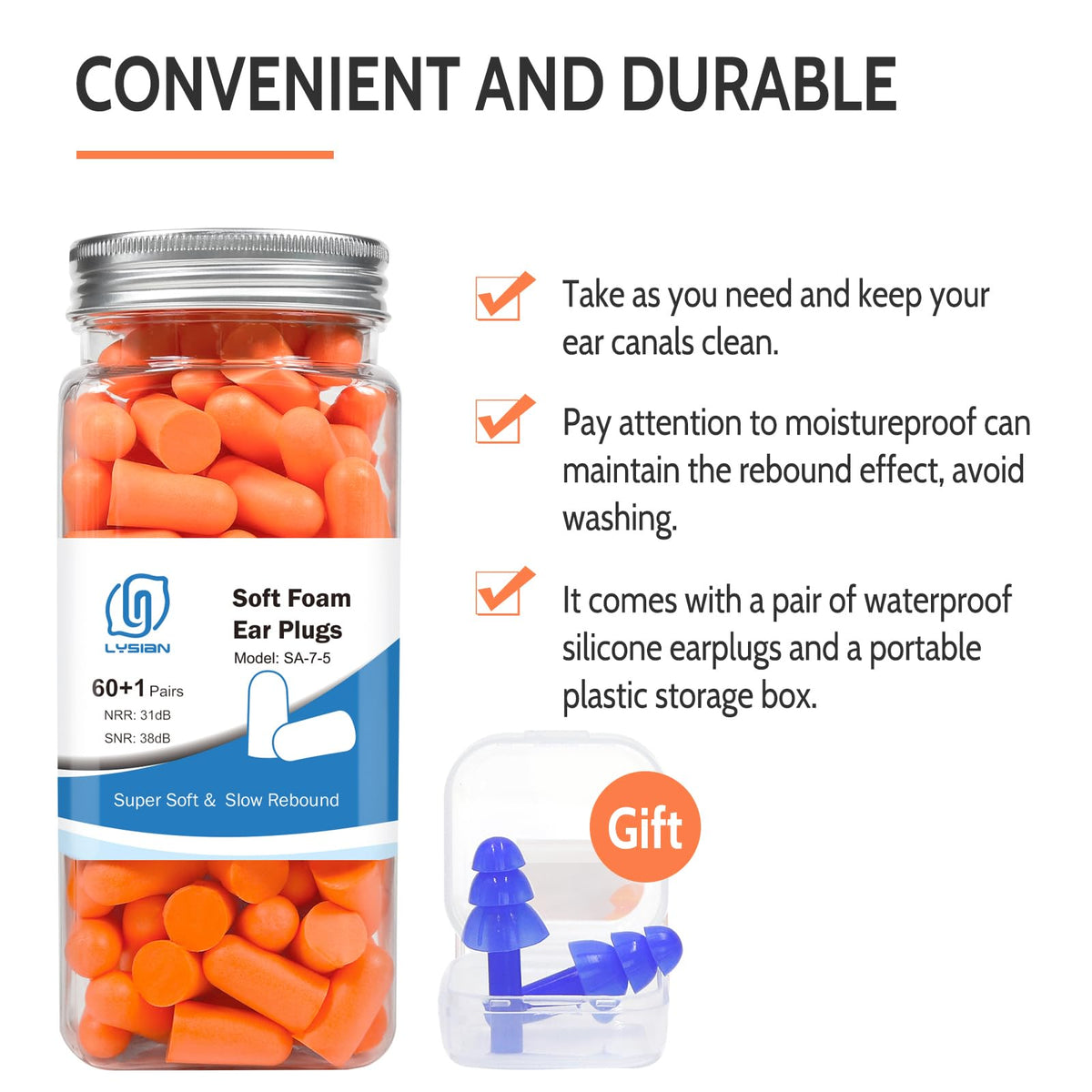LYSIAN Foam EarPlugs for Sleep, 60 Pairs, 38dB, Orange