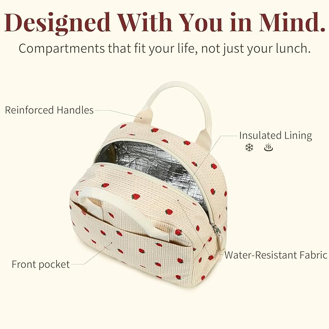 Insulated Floral Green Lunch Bag for Women, Corduroy Tote with Aluminum Lining, Large Capacity Reusable Cooler for Work, Travel, Beach or Picnic, Floral Pattern Water-Resistant Lunch Box