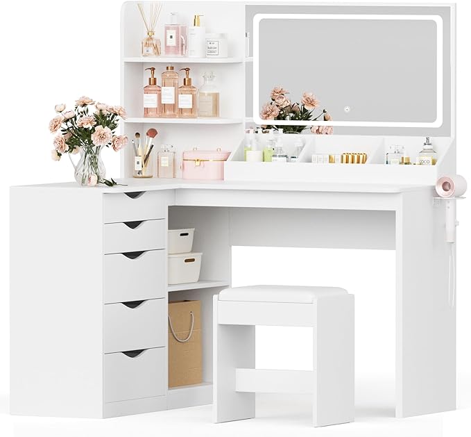 JUMMICO Makeup Vanity Desk with Mirror and Lights, L- Shaped Vanity, Modern Vanity Table with 5 Drawers & Adjustable Shelves, Power Outlet with Fast Charging, for Bedroom (White)
