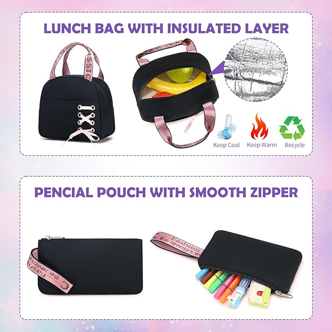 Backpacks for Girls, Girls Backpack with Lunch Box and Pencil Case for Teen Kids Elementary Middle High School College Student, Children School Backpack Bookbag with USB Charging Port (Purple)