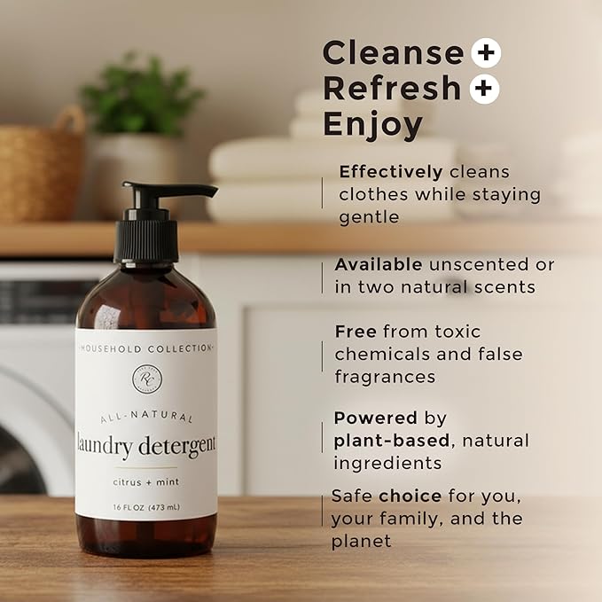 Rowe Casa Organics Citrus and Mint Laundry Detergent Liquid – Natural Liquid Washing Detergent with Refreshing, Crisp, and Bright Scent – 16 Oz Pump Bottle