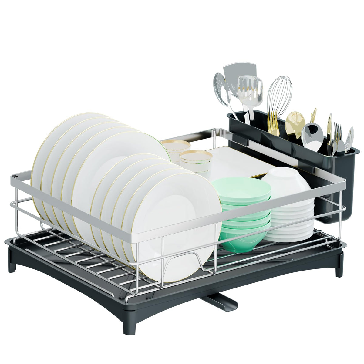 TITIMIO Dish Drying Rack - Space-Saving Dish Rack for Kitchen Counter with Removeable Cutlery Holder,Rustproof & Sturdy Auto-Drain Organizer for Plates,Cups,Knife,Silvery