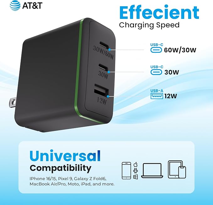 AT&T USB-C Wall Charger Fast Charging Power Adapter Foldable Prongs Travel-Friendly for Compatible with iPhone iPad Samsung Galaxy Google Pixel (20W White)