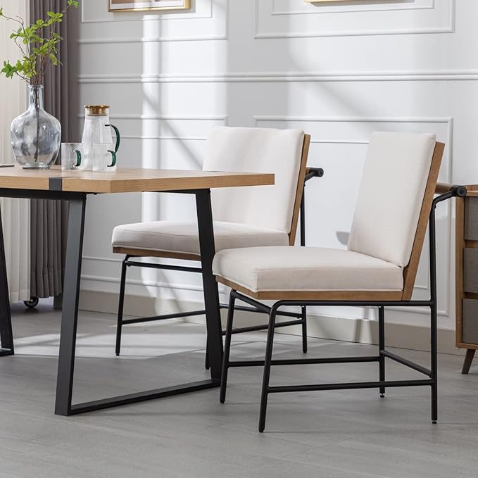 HEAH-YO Modern Dining Chairs Set of 4, Linen Upholstered Dining Chairs with Backrests, Armless Dining Room Chairs for Kitchen, White