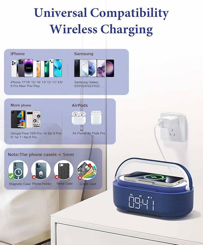 COLSUR Bluetooth Speaker Alarm Clock with Wireless Charger, FM Radio, Adjustable LED Night Light, 6 in 1 Bedroom Portable Speaker 2500mAh, Phone Stand for Bedside, Home, Office, Gift (Blue)