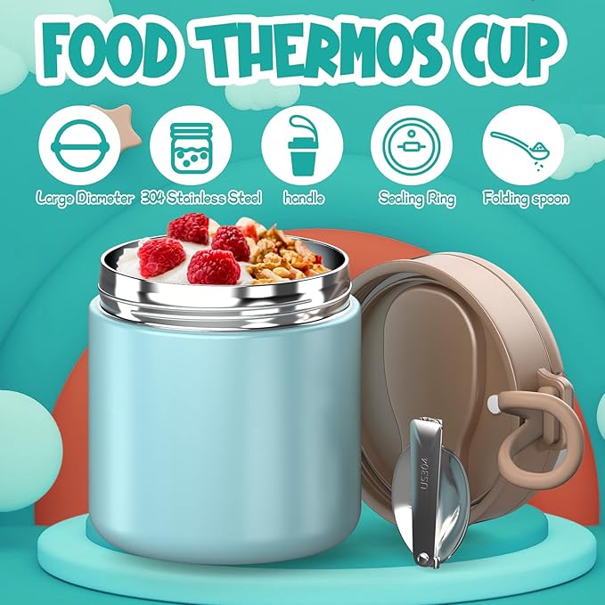 Insulated Food Jar for Kids - 15.2 Oz, Thermo for Hot Food, Soup Thermo, Insulated Food Container, Termos Para Comida Caliente, Width Mouth Stainless Steel Lunch Box with Spoon, Blue