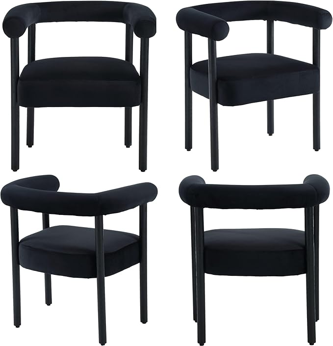 Mid-Century Modern Dining Chairs Set of 4, Armrest Barrel Dining Chairs Side Chairs with Curved Back, Upholstered Wood Armchairs for Kitchen, Velvet Black