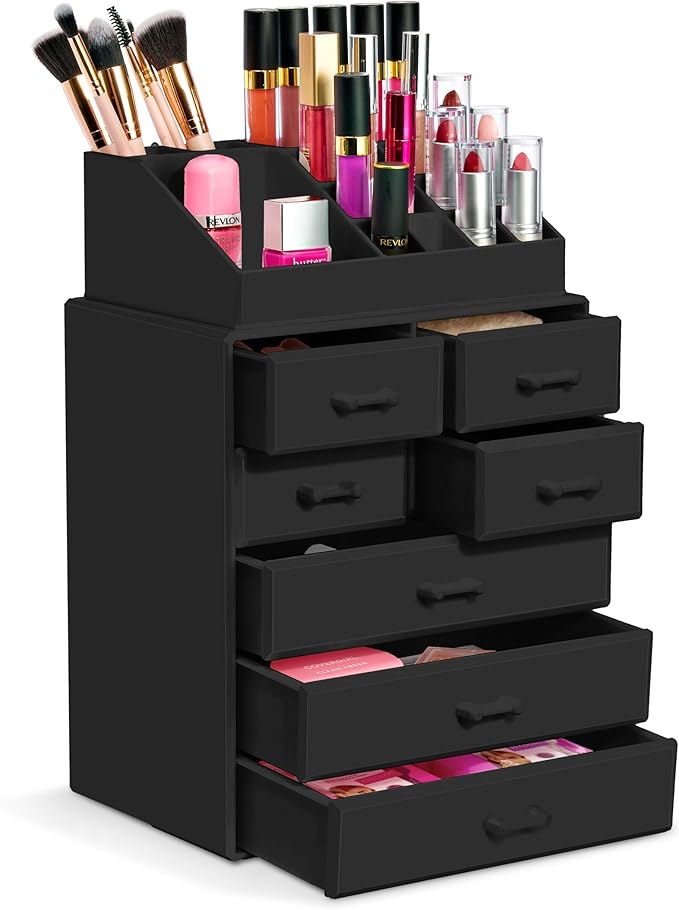 Sorbus Makeup Organizer, Brush Holder and Make Up Storage Drawers - Acrylic Makeup organizer for vanity, Bathroom - Cosmetic Display Cases with 3 large, 4 Small Drawers & 1 Tray for Makeup Brush