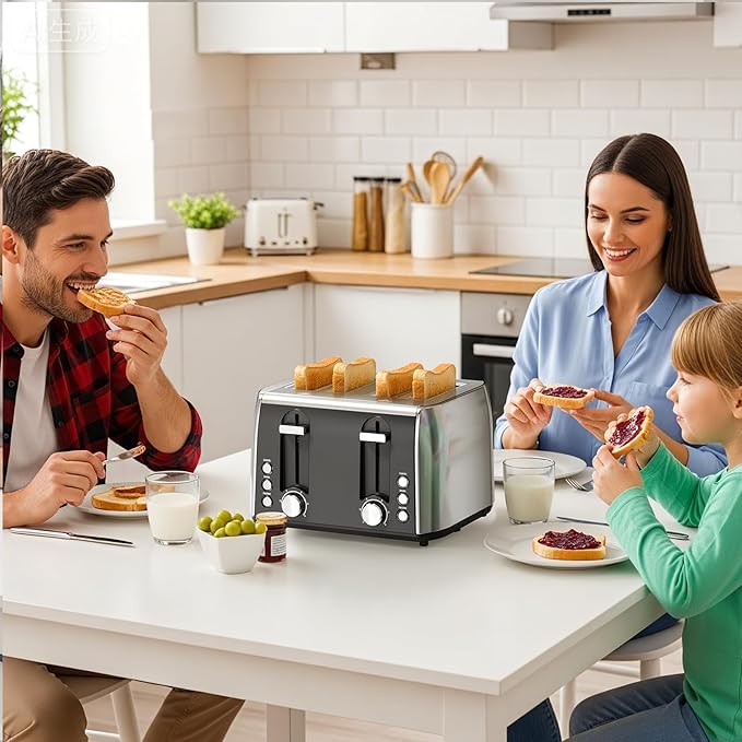 Havato 4 Slice Toaster, 6 Browning Settings, Removable Crumb Tray, Stainless Steel Bread Toaster for Bagels, Muffins, Waffles, Defrost, Cancel Button, 120V 1800W