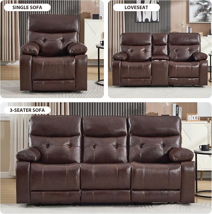 CANMOV Genuine Leather Power Recliner Sofa Set, Power Recliner Chair and Loveseat Set, 2 Pieces Leather Couch with Storage Console, USB Ports, Cup Holders for Living Room,Dark Brown