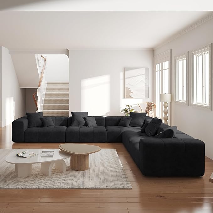 JACH V-Shaped Modular Sectional Sofas for Living Room, Modern Cloud Couch, Mid Century Modern Modular Sofa, Cozy Sleeper Sofa for Living Room (Linen Fabric, Black)