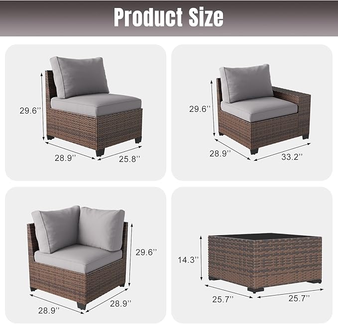 Aoxun 12 Pieces Patio Furniture Set Wicker Rattan Outdoor Sectional Conversation Set with Coffee Table and 4” Thickened Cushions, Gray (Waterproof Cover Included)