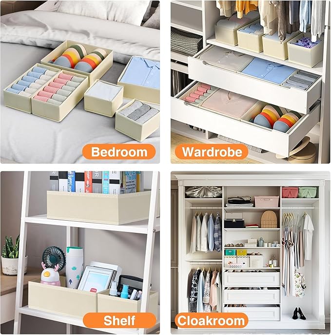 DIMJ Drawer Organizer Clothes 6 Pack - Foldable Baby Organizers and Storage & Dresser Organizer for Bedroom, Closet - Nursery Organization Dresser Dividers for underwear, Sock,Bra, Belt, Tie, Beige