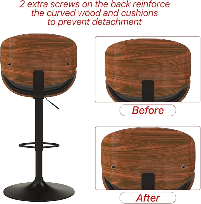KCC Bar Stools Set of 3, Swivel Adjustable Height Barstools, PU Leather Upholstered Bar Chairs with Footrest, Bentwood Bar Stool for Kitchen, Bar, Dining Room(Black PU)