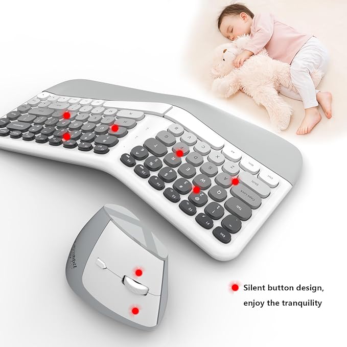 Ergonomic Wireless Keyboard and Mouse Set Creamy Wireless Keyboard Silent Mice Set with Wrist Rest for Computer, Laptop, PC, Mac, Windows
