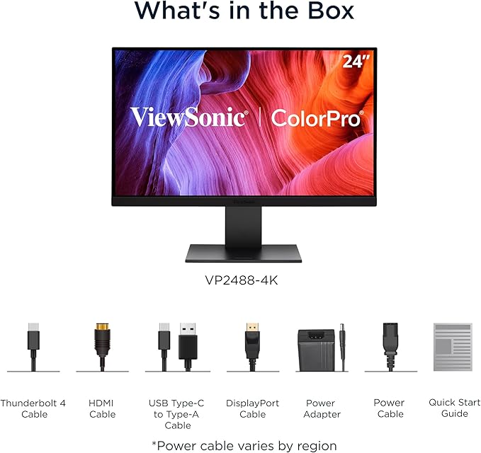 ViewSonic VP2488-4K 24 Inch 4K Mac-Ready Monitor with 100% sRGB, 98% DCI-P3, Pantone Validated, Advanced Ergonomics, Thunderbolt 4, USB Hub, HDMI, and DP for Home and Office