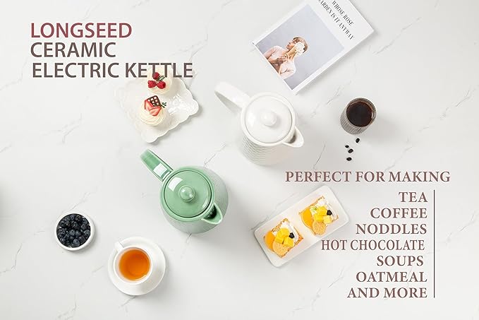 LONGSEED 1.5L Ceramic Electric Kettle, 1200W Fast Boil Retro Tea Pot with LED Light, BPA-Free Porcelain Cordless Water Boiler, Auto Shut-Off & Boil-Dry Protection, Green Relief Carving