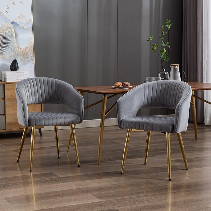 Modern Velvet Dining Chairs Set of 2, Upholstered Gold Dining Room Chairs with Hollow Back and Gold Legs, Accent Armrest Kitchen Chairs for Living Room Reception Grey